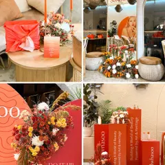 A collage of details from the Sulwhasoo brand activation, showing how the color palette and aesthetic were consistently applied across gift wrapping, product displays, and floral arrangements for a cohesive influencer event.
