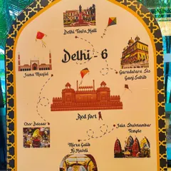 A custom-designed sign for a Delhi-6 themed event, mapping out the famous landmarks of Old Delhi. This creative decor element serves as both a photo opportunity and an informative piece that enhances the theme.