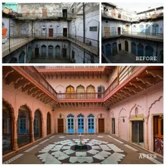 A comparison of the central courtyard, showing its evolution from a dilapidated area to a pristine space with a new water fountain and octagonal flooring, restoring its function as the haveli's core.
