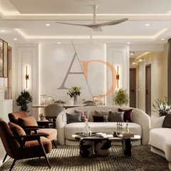 This living room combines modern glamour with organic warmth. The space features curved boucle sofas, rust-toned armchairs, and a built-in bar with backlit glass shutters, creating an inviting and stylish area for socializing.