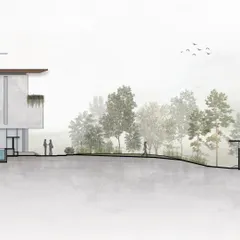 This sectional drawing illustrates the concept for an Alibaug estate, which included two dilapidated structures and a temple. The design works with the existing contours and trees to create a microclimate, blending old and new in a fluid architectural language.