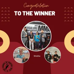 We are immensely proud of our female fighters. Here, our student Shobha stands on the winner's podium after securing a medal at the Open Bengaluru MMA Championship. Our women's boxing and combat sports programs are designed to build confidence, strength, and self-defense skills.