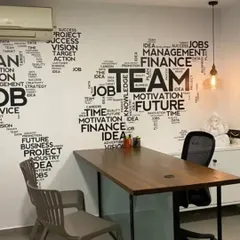 For this corporate office, I designed a custom wall mural featuring a world map made from motivational words related to teamwork, finance, and vision. It’s a sophisticated and inspiring way to reinforce company culture and create a focal point in a modern workspace.