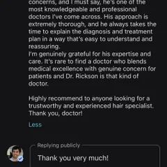 Positive feedback like this is incredibly rewarding. My goal is always to be thorough, explain the diagnosis and treatment plan clearly, and blend medical excellence with genuine concern for every patient I see.