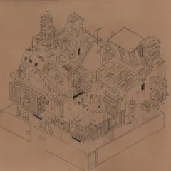 The final drawing on brown paper, which gives it a warm, handmade quality despite its mechanical theme. This piece is a bold, intuitive, and refreshing take on the 1 Shanthi Road space.
