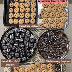 Spreading happiness through my yummy sweet treats. Here are trays of freshly baked ChocoChip Cookies, Double Chocolate Brownies, and Mini Chocolaty Doughnuts.