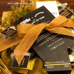 Professional gifting made impressive and effortless. This corporate hamper features premium branded products alongside my handcrafted gold-dusted truffles and pumpkin fudge, tied together with a rustic burlap ribbon for a sophisticated finish.
