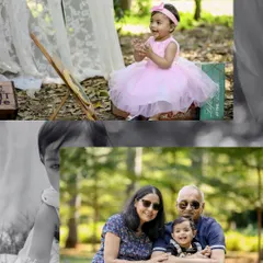 This collage features a little girl painting outdoors and a heartwarming portrait with her grandparents.