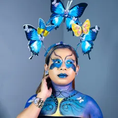 The final result of our fantasy makeup project. This look combines face painting, body art, and custom accessories to create a complete artistic transformation.