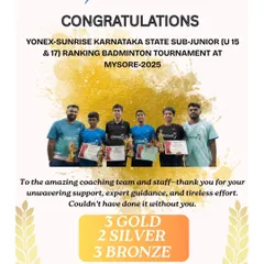 A massive tournament win for the team at the Karnataka State Sub-Junior Ranking Tournament in Mysore. We secured 3 Gold, 2 Silver, and 3 Bronze medals through sheer determination.