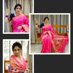 A collage showcasing a gorgeous pink handwoven Paithani saree. By presenting multiple angles, including a full shot on a swing and a detailed close-up, I provide the brand with a variety of images for their marketing needs.