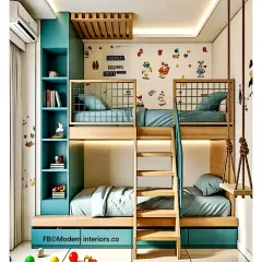 This space-saving bunk bed design is perfect for a shared kids' room. It includes four beds, built-in shelving for books, and even a playful swing, all in a vibrant teal and wood theme.