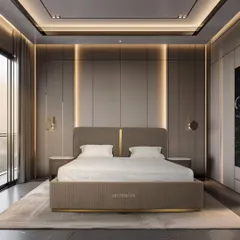 A bedroom should be your personal retreat. Our Greco bed, with its meticulously upholstered headboard and brushed gold accents, creates a focal point of modern luxury. We designed this space to feel serene and sophisticated, a perfect blend of comfort and high design.