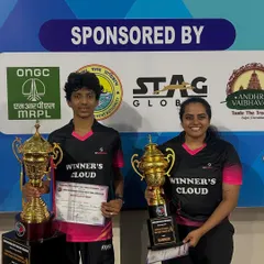 Abhinav Murthy and Kushi V showcasing their trophies from the 3rd Karnataka state ranking tournament in Mangalore. Abhinav won the U19 Boys singles for the third time in a row, and Kushi was the Women's singles runner-up.