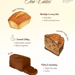 Nostalgia in every bite. Our Tea Cakes menu features comforting flavors like Apple Cinnamon, Caramel Vanilla Latte, and a fluffy Triple Chocolate.