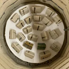 The results of experimentation. These are glaze test tiles from our 'Ceramic Clay Bodies and Glazes' masterclass, fired in the kiln. Each tile teaches us something new about how different chemical compositions react to heat.