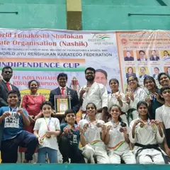 The UBKA team celebrating a massive victory at the Independence Cup in Nashik, 2022. With a 90% winning record, our students brought home a total of 43 medals, including 16 golds.