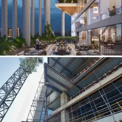 A comparison of the rendered terrace of the Narmada project and the actual construction progress. This shows how the concept of open, landscaped terraces is being built into the structure to provide tranquil breakout spaces.
