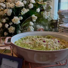 Our Wild Asparagus Risotto, ready to be served from a beautiful ceramic dish. We believe in presentation down to the serveware.