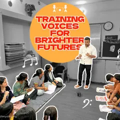 "Training Voices for Brighter Futures." At the Yellow Streets Centre, our fellow leads a Hindustani Classical vocals session, teaching students to identify notes and climb the swar ladder, building focus and joy.