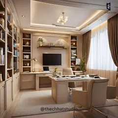 This luxurious home office is designed for both productivity and relaxation. The serene beige theme, custom desk with library cabinets, and comfortable seating create a sophisticated and calming atmosphere, with ample sunlight filtering through the curtains.