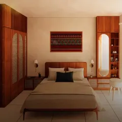 This bedroom design uses warm wood tones and rattan accents to create a cozy, modern-bohemian feel. The custom wardrobe includes an integrated vanity with a mirror and shelving, a perfect example of smart, space-saving furniture design.