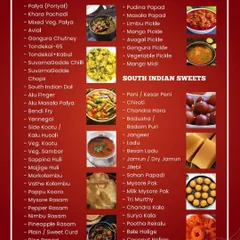 This menu card details our extensive list of South Indian vegetarian dishes, including various palyas, kootu, sambar, rasam, and traditional sweets like Holige and Mysore Pak.