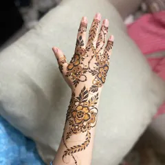 A classic Arabic henna vine, wrapping elegantly around the hand and forearm. This style is perfect for someone who wants a beautiful but less heavy design.