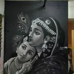 A custom Indian mythological mural I painted, depicting the bond between Yashoda and Krishna. The entire piece is done in monochrome to emphasize the emotion and intricate details of the scene.