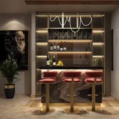 A dedicated home bar is the ultimate luxury for entertaining. We designed this unit with integrated backlighting, a marble countertop, and custom wine storage to create a stylish and functional party-ready corner.