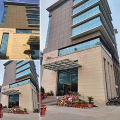 This collage shows the main entrance and facade of Technopolis. The well-maintained entrance, complete with seasonal flowers, shows how the building continues to be a vibrant and welcoming space for businesses.