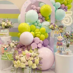 A beautiful pastel-colored balloon and floral arrangement. The soft colors and mix of textures create a dreamy and whimsical atmosphere, perfect for a first birthday or baby shower.