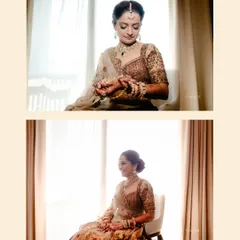A collage of a bride getting ready, sitting by a window. The soft, natural light creates a timeless and serene bridal portrait.