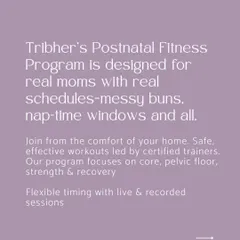 Our postnatal fitness program is designed for real moms with real schedules. Join from home for safe, effective workouts with flexible timing through live and recorded sessions.
