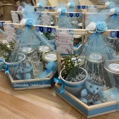 A full view of our premium first birthday hampers for a baby boy. We customized the planters to add a personal touch, creating a high-quality gift at an affordable price.