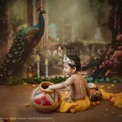 Our little Kanha is caught in the act, his hand deep inside the butter pot. These candid moments are what make the Krishna-themed shoots so special and memorable.