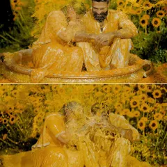 The peak of Haldi madness. This collage captures the dynamic, fun-filled moment of the couple being drenched in turmeric and water, a memory of pure joy.
