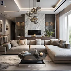In this duplex living room, I used a large sectional sofa to anchor the space, complemented by a stunning marble accent wall for the TV unit and a modern bubble chandelier. The result is a luxurious yet comfortable environment perfect for modern living.