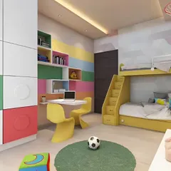 A bright and colorful LEGO-themed kids' room. I designed the wardrobe to look like giant LEGO blocks and used a bunk bed to maximize play space, perfect for siblings sharing a room.