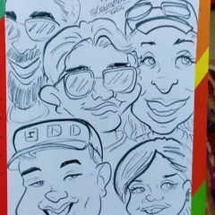 A full family caricature with multiple faces. I work to capture each person's likeness while creating a fun group portrait.