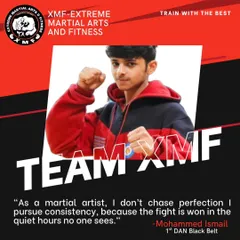 A spotlight on Mohammed Ismail, 1st DAN Black Belt, with his quote on the importance of consistency and quiet dedication.