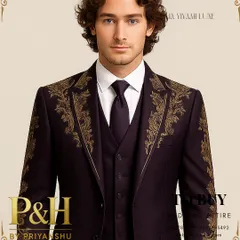 A portrait shot that captures the regal and authoritative feel of this heavily embroidered purple three-piece suit.