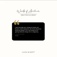 "A real unique way of getting different things all in a single box." This testimonial speaks to the convenience and appeal of my curated, all-in-one gift hampers.