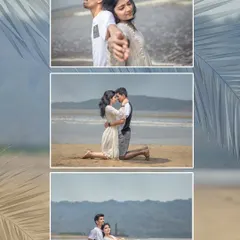 This collage showcases a variety of poses from a beach pre-wedding shoot, from playful interactions to romantic embraces, capturing the full story of your day by the sea.