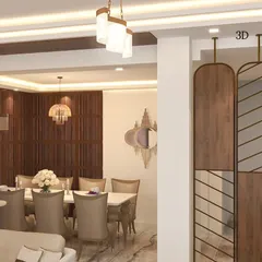 Another 3D render of the dining area, showing the proposed design for the decorative partition and the breakfast counter.