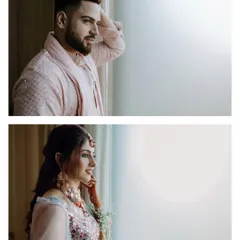 A diptych of individual portraits of Shaina and Lakshay looking out a window, creating a sense of quiet contemplation and anticipation before their ceremony.