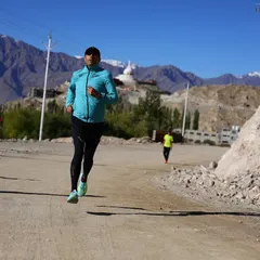 Every uphill teaches you how to sustain in tough conditions. Here's one of my athletes during a high-altitude training run for the Ladakh Marathon. We focus on building the strength and adaptability needed for challenging terrains.