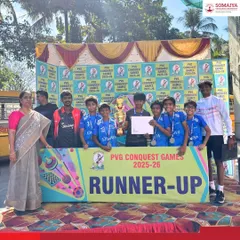 The Somaiya School's 'A' team proudly holding their runners-up trophy at the PVG Conquest Games. My services extend to school-level football tournaments, fostering young talent.