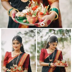 A collage showing a woman in traditional Makar Sankranti attire holding a 'sugad', a decorated pot used in the festival's rituals.