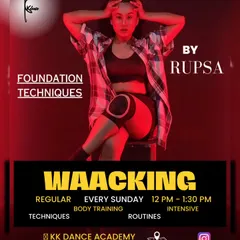Learn the foundations of Waacking with our expert instructor, Rupsa. This poster gives you all the details for our regular Sunday batch, focusing on techniques, body training, and routines.